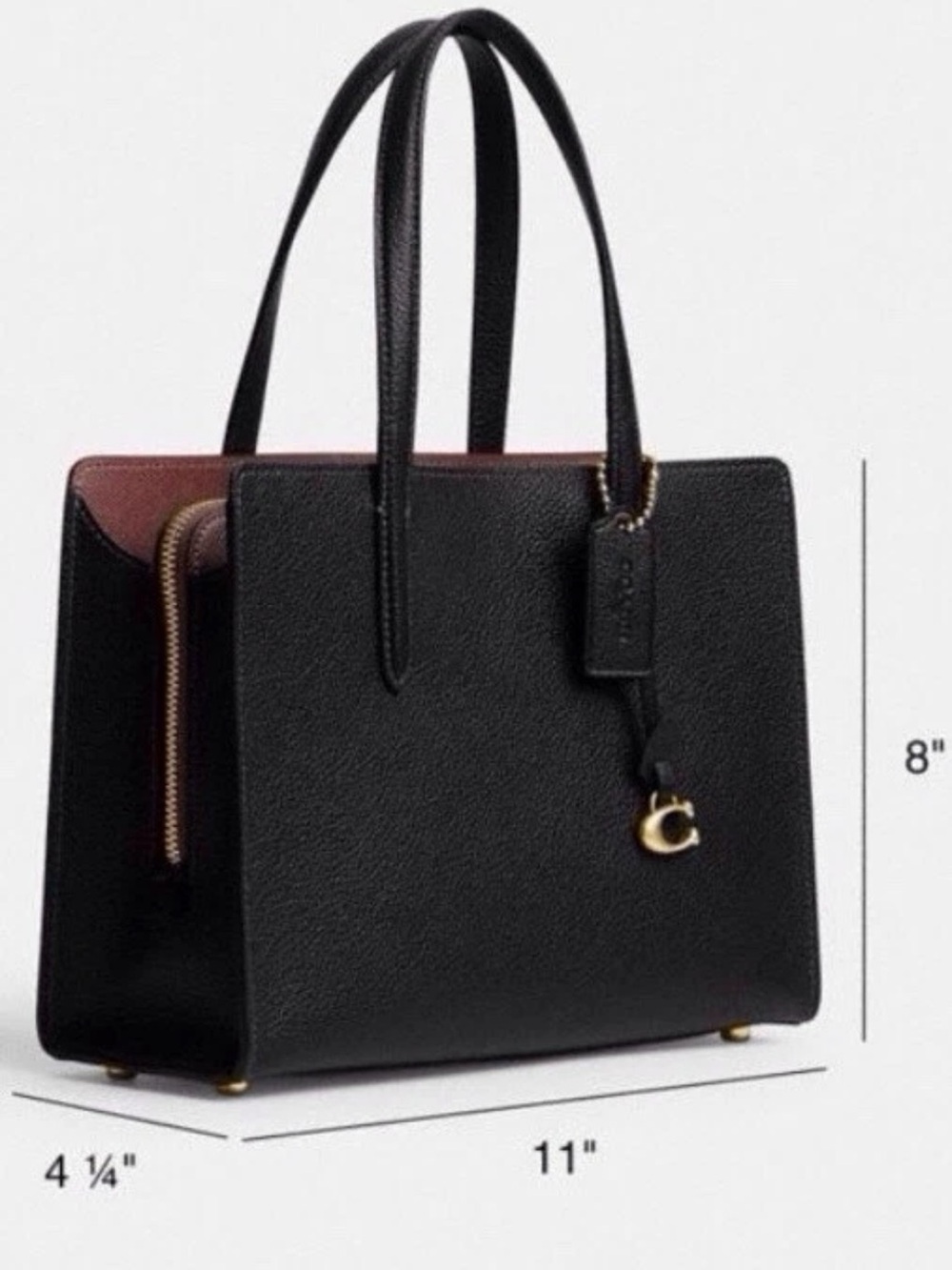 Coach Black Carter Carryall 28 Leather Tote with Burgundy Trim and Gold Charm